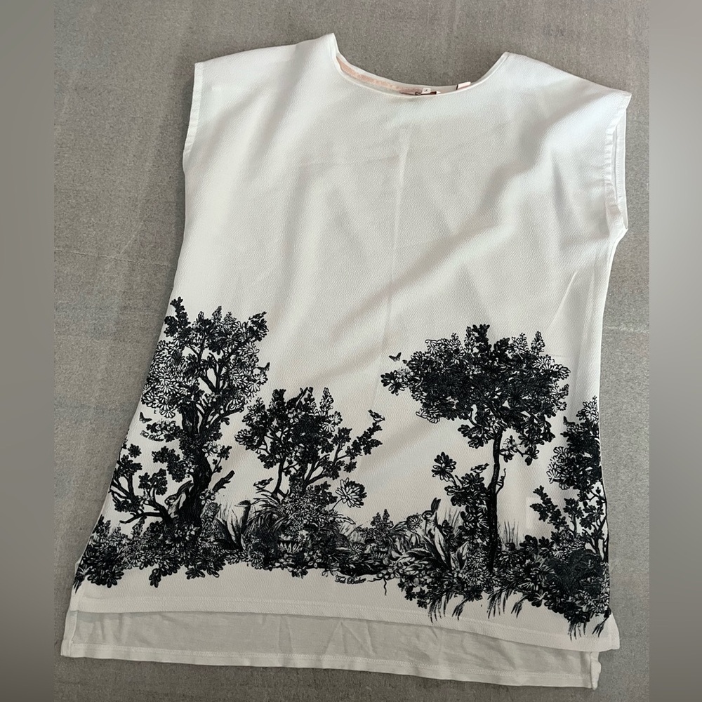 Ted Baker White Sleeveless Tank with Black Botanical Border
